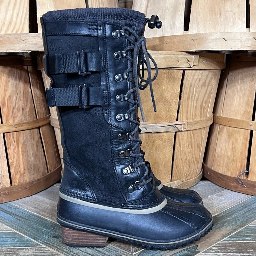 Sorel Conquest Carly II Black Leather Waterproof Tall Duck Boots Womens Size 6